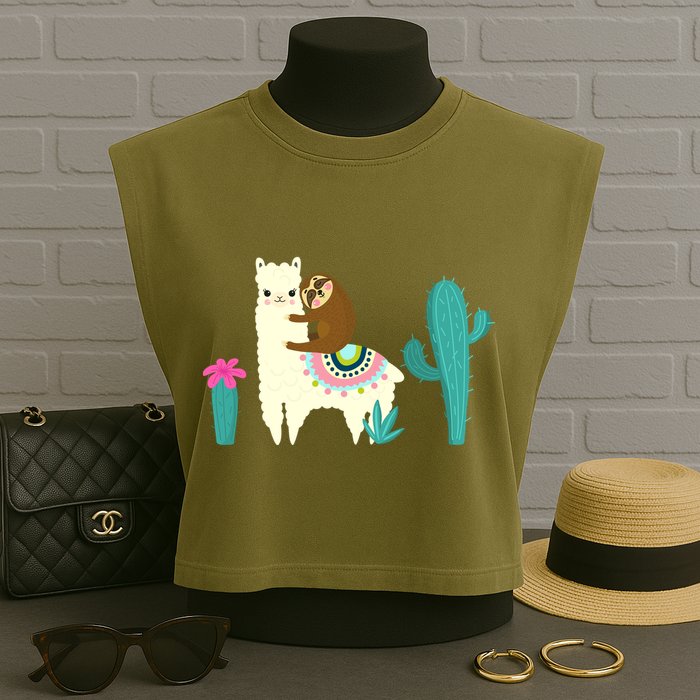 Sloth Riding Llama Funny Cactus Garment-Dyed Women's Muscle Tee