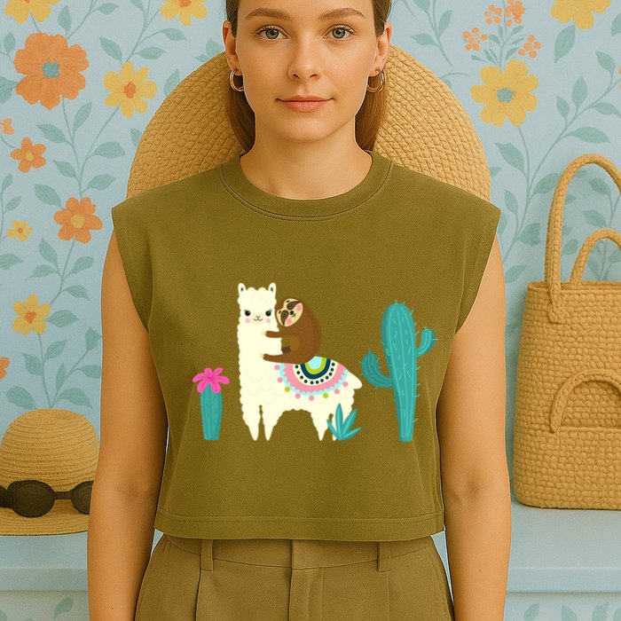 Sloth Riding Llama Funny Cactus Garment-Dyed Women's Muscle Tee