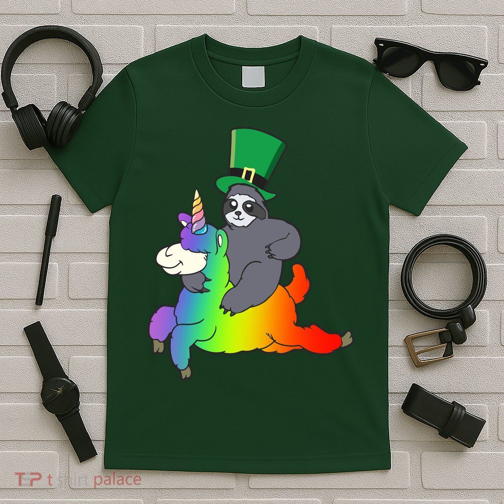 Sloth Riding Llama Unicorn St. Patrick's Day T-Shirt
