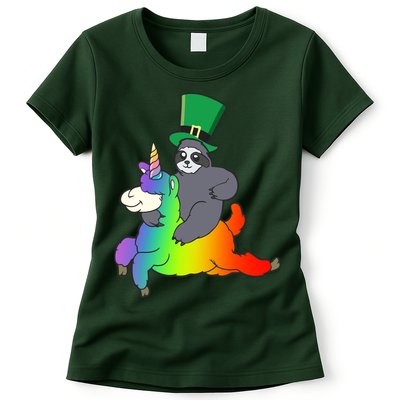 Sloth Riding Llama Unicorn St. Patrick's Day Womens T-Shirt