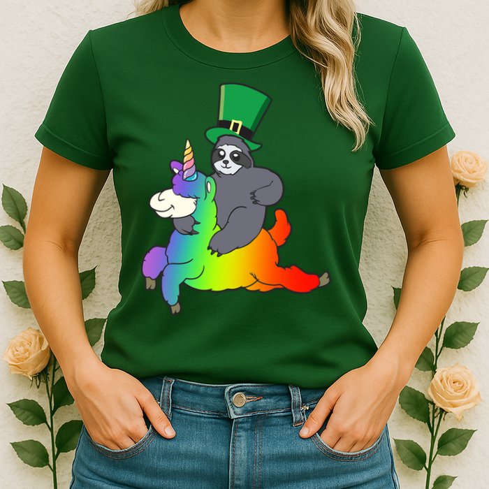 Sloth Riding Llama Unicorn St. Patrick's Day Womens T-Shirt