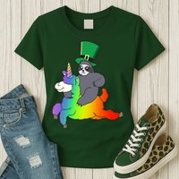 Sloth Riding Llama Unicorn St. Patrick's Day Womens T-Shirt