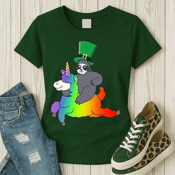 Sloth Riding Llama Unicorn St. Patrick's Day Womens T-Shirt
