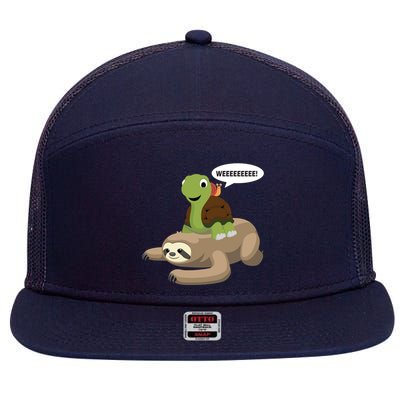 Sloth Turtle Snail Piggyback 7 Panel Mesh Trucker Snapback Hat
