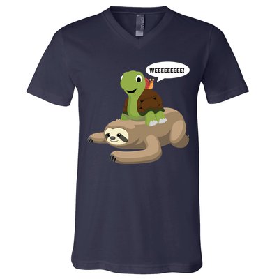 Sloth Turtle Snail Piggyback V-Neck T-Shirt