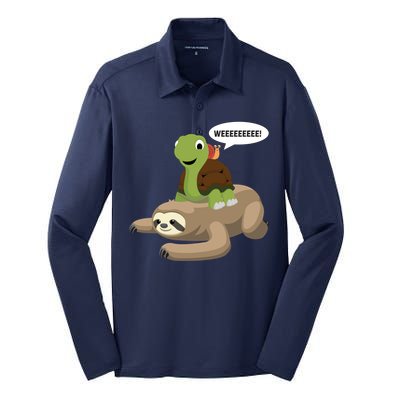 Sloth Turtle Snail Piggyback Silk Touch Performance Long Sleeve Polo