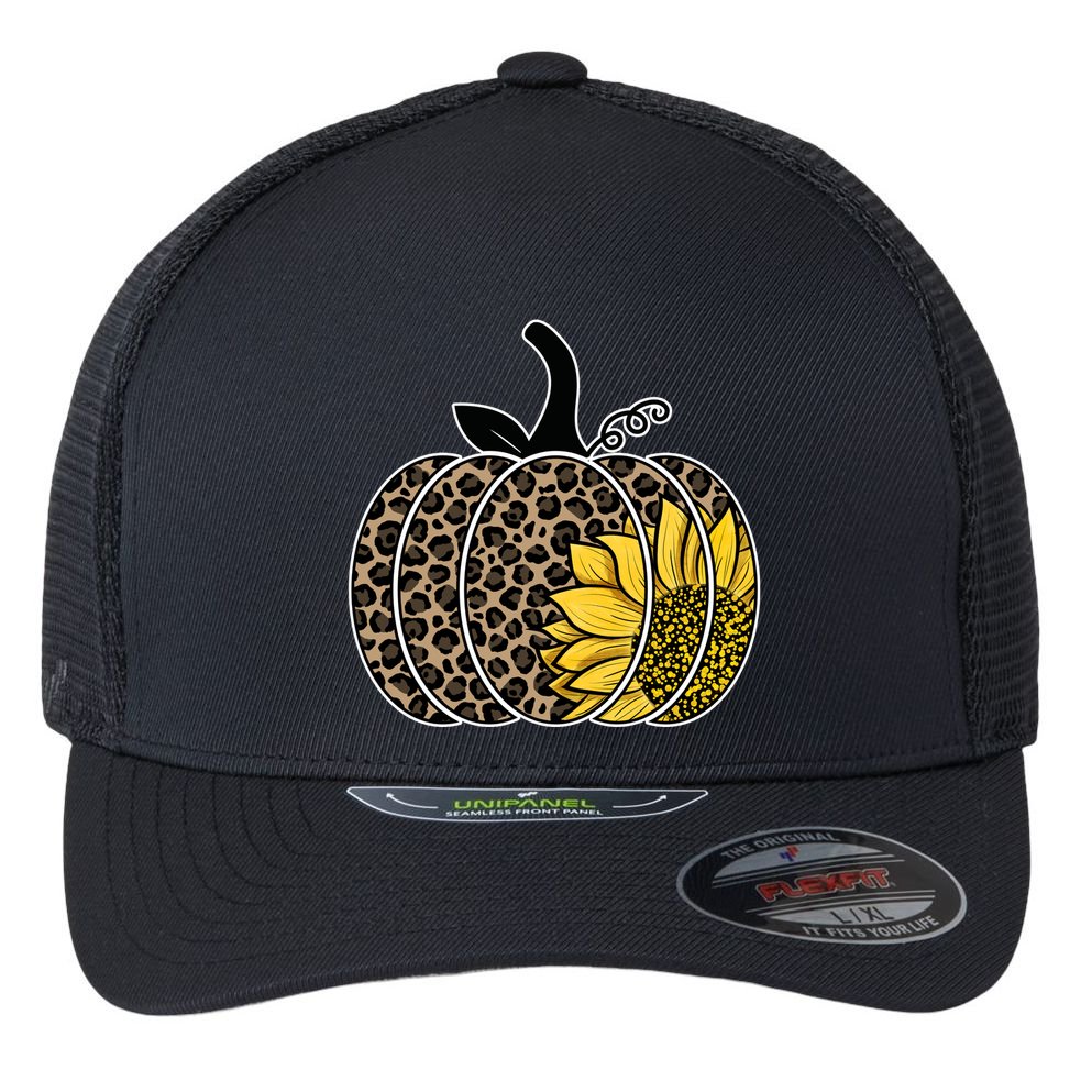 Sunflower Leopard Pumpkin Flexfit Unipanel Trucker Cap