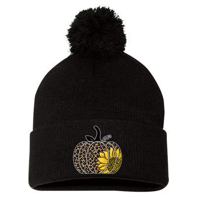 Sunflower Leopard Pumpkin Pom Pom 12in Knit Beanie