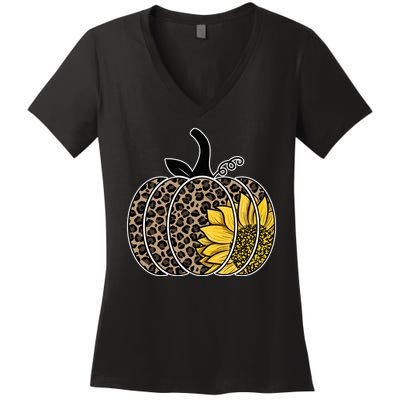 Sunflower Leopard Pumpkin Women's V-Neck T-Shirt