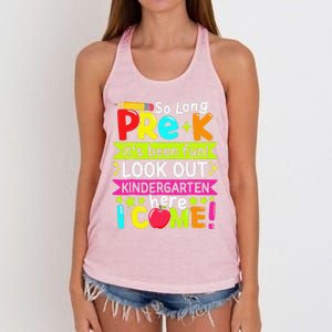 So Long Pre K Kindergarten Here Graduate Last Day Of School Gift Women's Knotted Racerback Tank