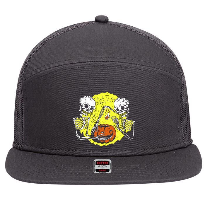 Skeletons Lighting Pumpkin 7 Panel Mesh Trucker Snapback Hat