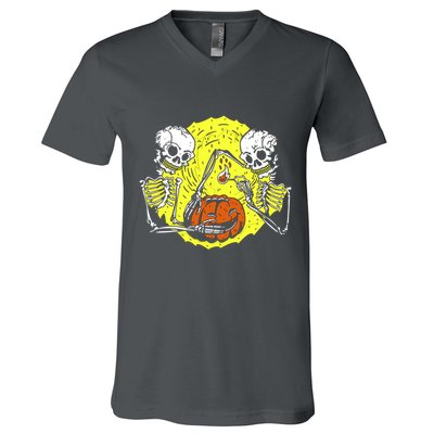 Skeletons Lighting Pumpkin V-Neck T-Shirt