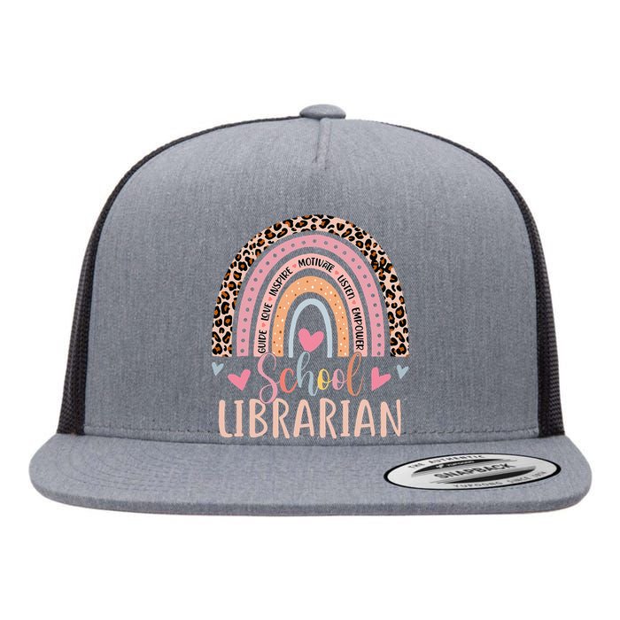 School Librarian Rainbow Leopard Print Funny Librarian Flat Bill Trucker Hat