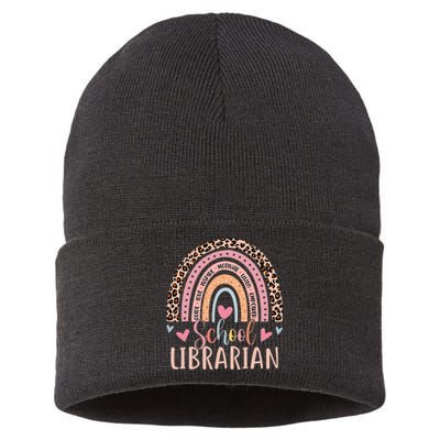 School Librarian Rainbow Leopard Print Funny Librarian Sustainable Knit Beanie