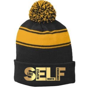 Self Love Respect Worth Confidence Motivational Stripe Pom Pom Beanie