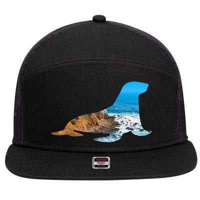 Sea Lion Seal Lovers Silhouette Earth Day And Ocean Week Gift 7 Panel Mesh Trucker Snapback Hat