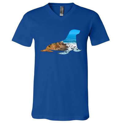 Sea Lion Seal Lovers Silhouette Earth Day And Ocean Week Gift V-Neck T-Shirt