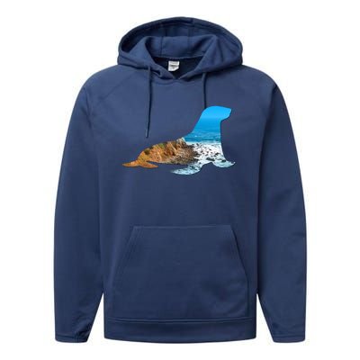 Sea Lion Seal Lovers Silhouette Earth Day And Ocean Week Gift Performance Fleece Hoodie