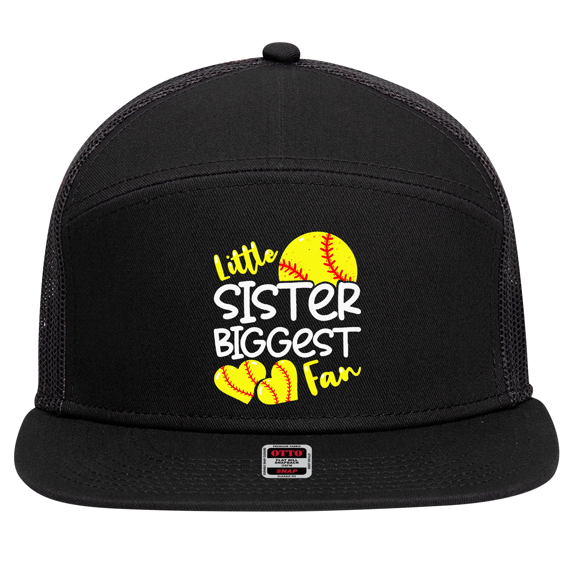 Softball Little Sister Biggest Fan 7 Panel Mesh Trucker Snapback Hat