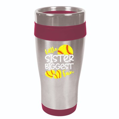Softball Little Sister Biggest Fan 16oz Travel Tumbler