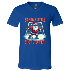 SantaS Little Shot Stopper Funny Christmas Soccer Player Gift V-Neck T-Shirt