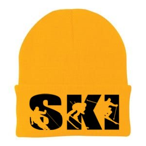 Ski Long Sleeve Tshirt For Skiing Lovers Silhouette Skiers Knit Cap Winter Beanie