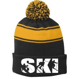 Ski Long Sleeve Tshirt For Skiing Lovers Silhouette Skiers Stripe Pom Pom Beanie