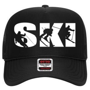 Ski Long Sleeve Tshirt For Skiing Lovers Silhouette Skiers High Crown Mesh Back Trucker Hat