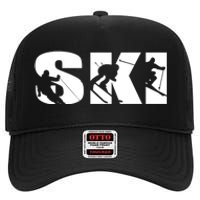 Ski Long Sleeve Tshirt For Skiing Lovers Silhouette Skiers High Crown Mesh Back Trucker Hat