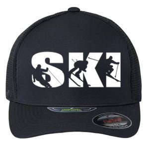 Ski Long Sleeve Tshirt For Skiing Lovers Silhouette Skiers Flexfit Unipanel Trucker Cap