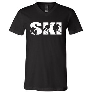 Ski Long Sleeve Tshirt For Skiing Lovers Silhouette Skiers V-Neck T-Shirt