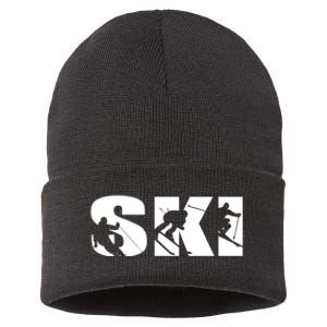 Ski Long Sleeve Tshirt For Skiing Lovers Silhouette Skiers Sustainable Knit Beanie