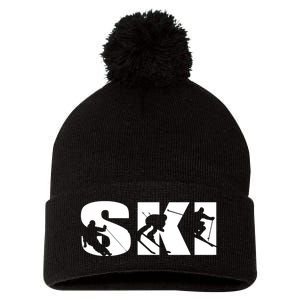 Ski Long Sleeve Tshirt For Skiing Lovers Silhouette Skiers Pom Pom 12in Knit Beanie