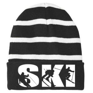 Ski Long Sleeve Tshirt For Skiing Lovers Silhouette Skiers Striped Beanie with Solid Band