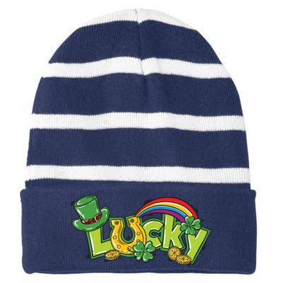 Shamrock Lucky St Patricks Day Cute Striped Beanie with Solid Band