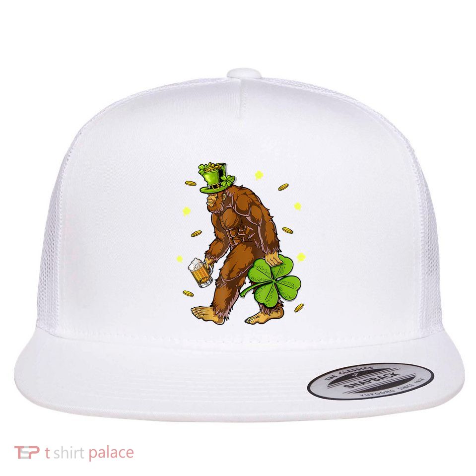 Shamrock Leprechaun Sasquatch St Patricks Day Flat Bill Trucker Hat