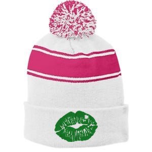 Shamrock Lip St Patricks Day Stripe Pom Pom Beanie