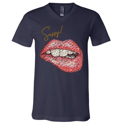 Sassy Lips Sexy Girl Graphic Sexy Lips Biting V-Neck T-Shirt