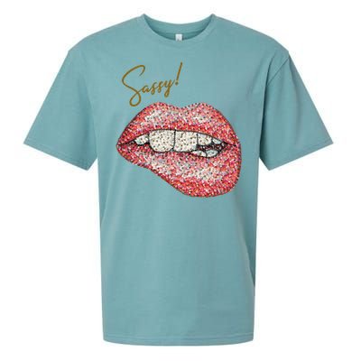 Sassy Lips Sexy Girl Graphic Sexy Lips Biting Sueded Cloud Jersey T-Shirt