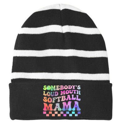 Somebody's Loudmouth Softball Mama Funny Striped Beanie with Solid Band