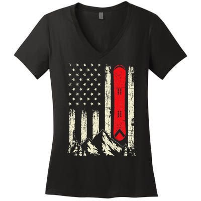 Snowboarding Lover Usa Flag Snowboarder Wintersports Lover Women's V-Neck T-Shirt