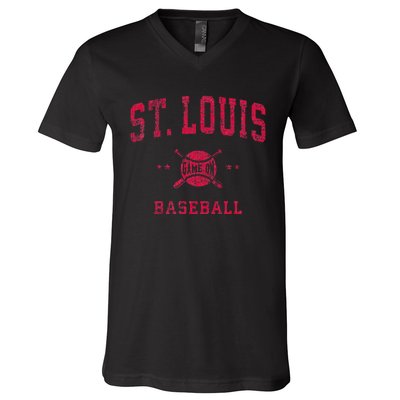 St Louis Vintage Baseball Throwback Retro Design V-Neck T-Shirt