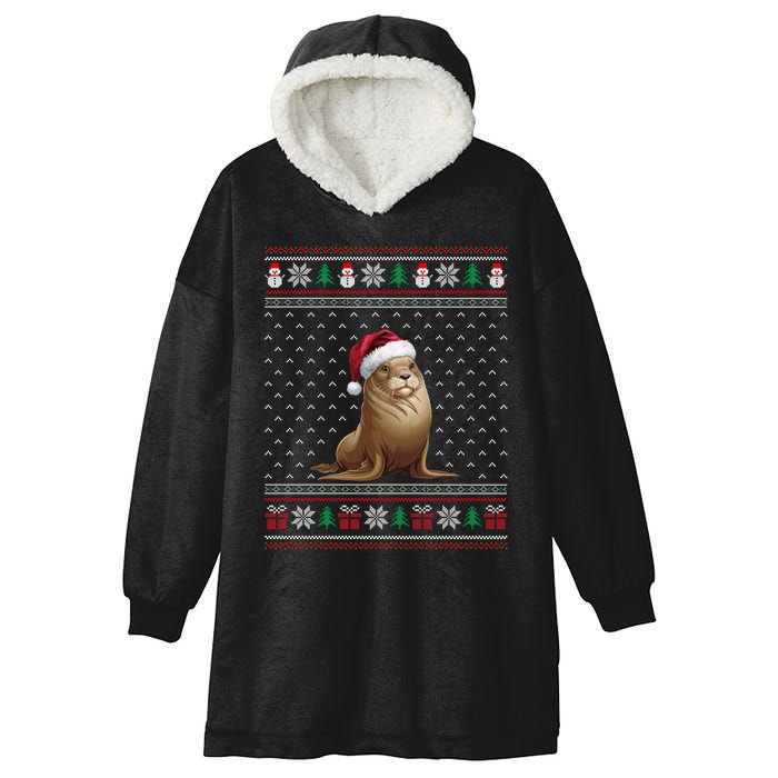 Sea Lion Wearing Santa Hat Ugly Xmas Sea Lion Lovers Hooded Wearable Blanket