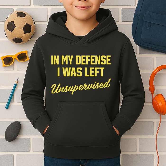Steve Lehto Wearing In My Defense I Was Left Unsupervised Kids Hoodie