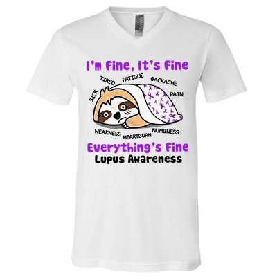 Sloth Lupus Warrior I'm Fine It's Fine Everything's Fine Invisible Illness V-Neck T-Shirt