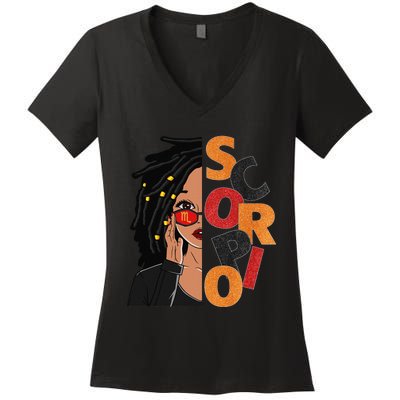 Scorpio Loc'd Zodiac Signs Birthday Black Woman Women's V-Neck T-Shirt