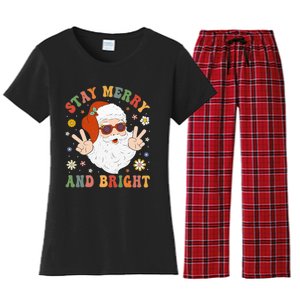 Stay Marry And Bright Groovy Christmas Hippie Santa Clause Women's Flannel Pajama Set