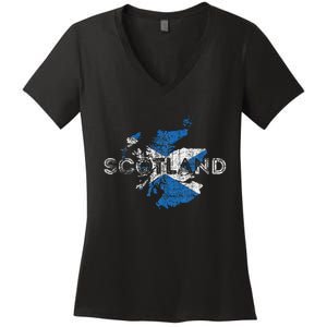 Scottish Map And Flag Souvenir Distressed Scotland Women's V-Neck T-Shirt