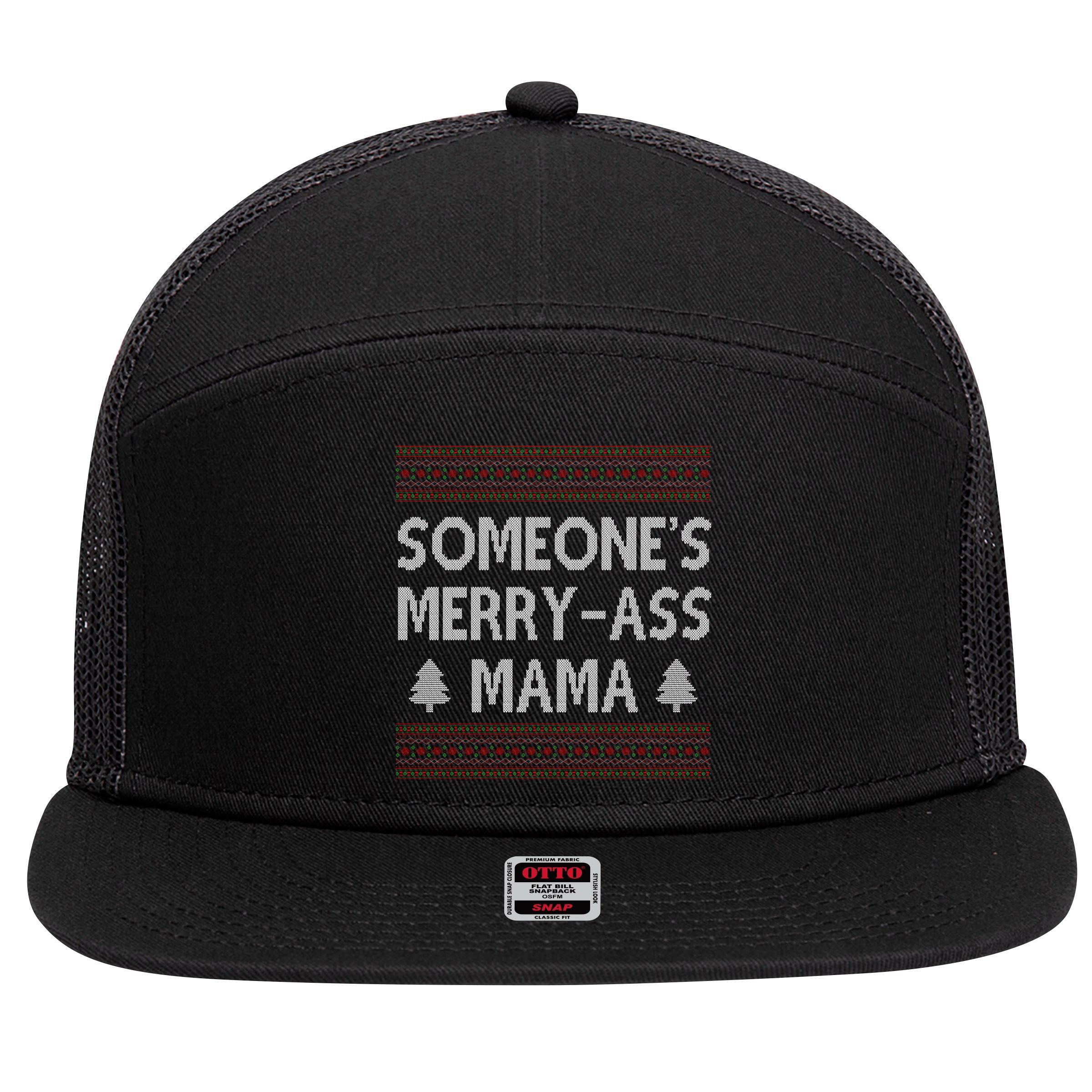 Somones Merry Ass Mama Funny Ugly Christmas 7 Panel Mesh Trucker Snapback Hat