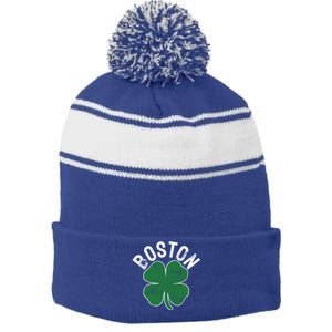 Shamrock Massachusetts Boston St Patricks Day Irish Green Gift Stripe Pom Pom Beanie